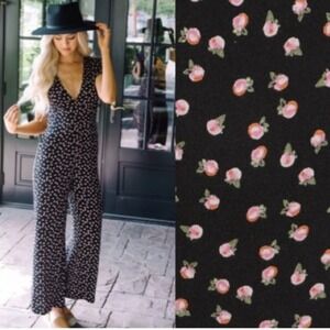 Free People Jumpsuit‎ S 2 Floral Black Wide Leg Preppy Boho Cottagecore Coquette